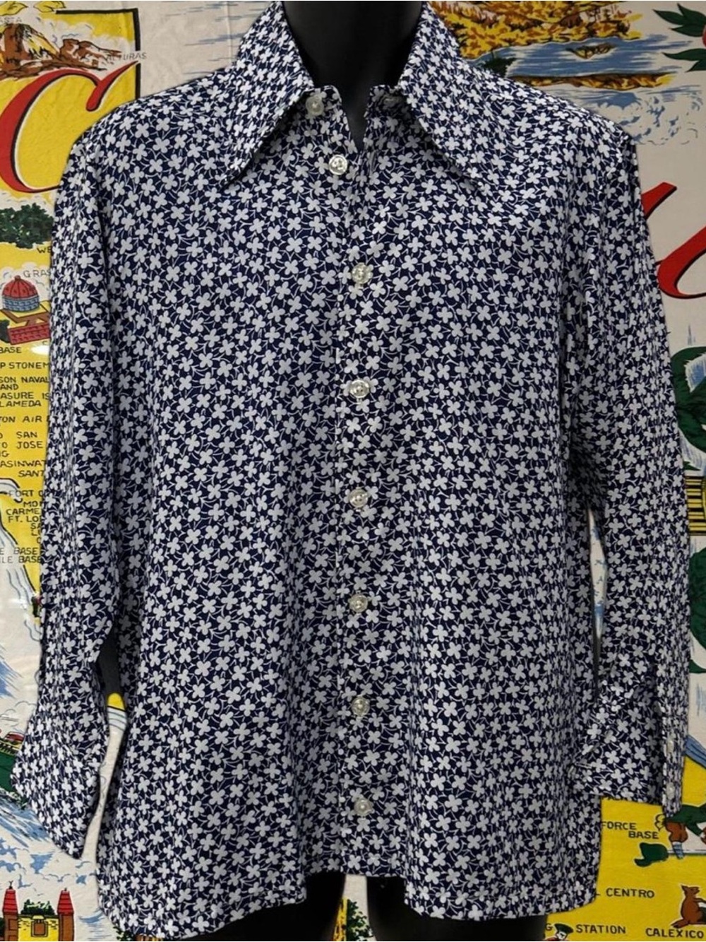 Givenchy for Chesa Men's 1970s Navy & White Floral Button-Up Shirt